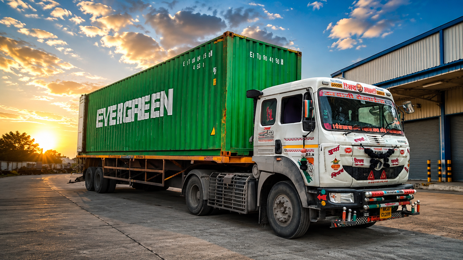 Container trailer moving an Evergreen box