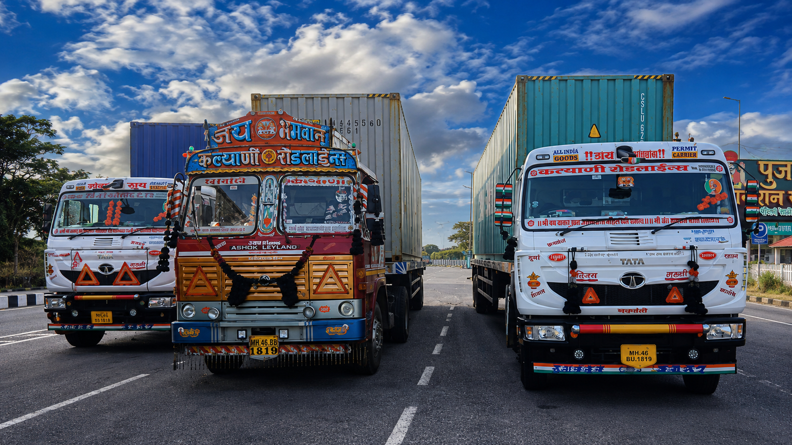 Three Kalyani Roadlines trucks with shipping containers