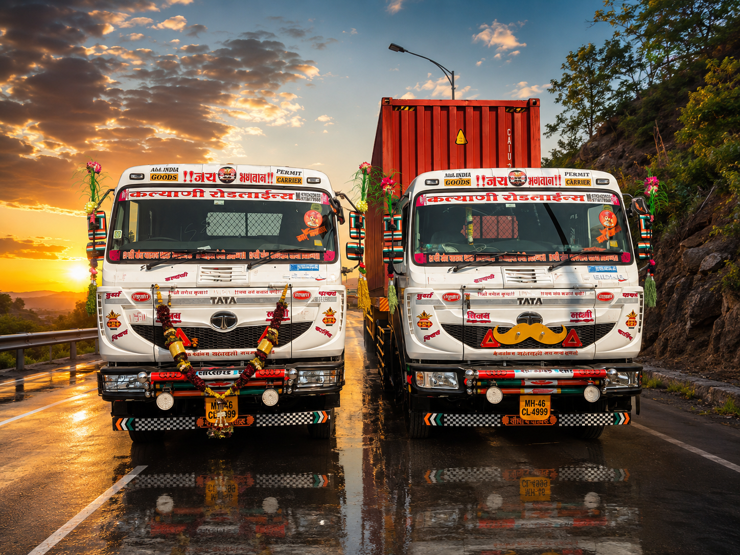 Two Kalyani Roadlines Tata trucks at sunset